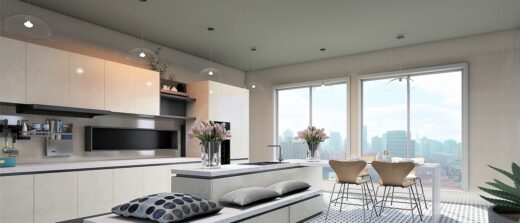 Cuisine moderne avec îlot central, vue exceptionnelle.